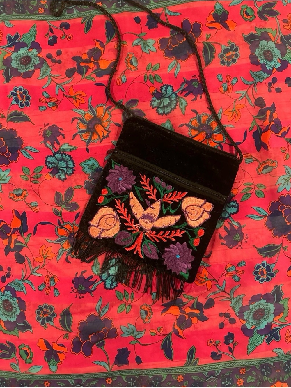 Mexican Folk Embroidered Velvet Crossbody Bag Boho Purse Floral Fringe 7.5x7.5